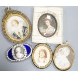 A paste and enamel framed Portrait miniature on ivory, 9.2cm and four other portrait miniatures (