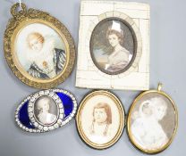 A paste and enamel framed Portrait miniature on ivory, 9.2cm and four other portrait miniatures (