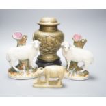 A Chinese bronze vase on stand, a soapstone figure of an ox and pair of Staffordshire sheep spill