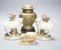 A Chinese bronze vase on stand, a soapstone figure of an ox and pair of Staffordshire sheep spill