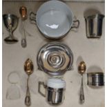 A cased part German 800 white metal mounted ceramic part tea set (incomplete), metal weight 5.5oz.