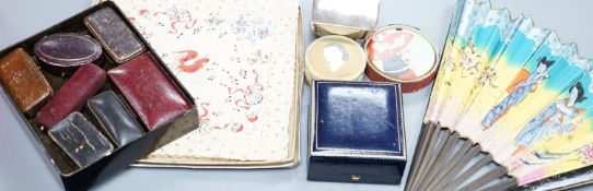 Two Art Deco advertising powder boxes, a similar pack of cards, two fans, leather jewellery boxes,
