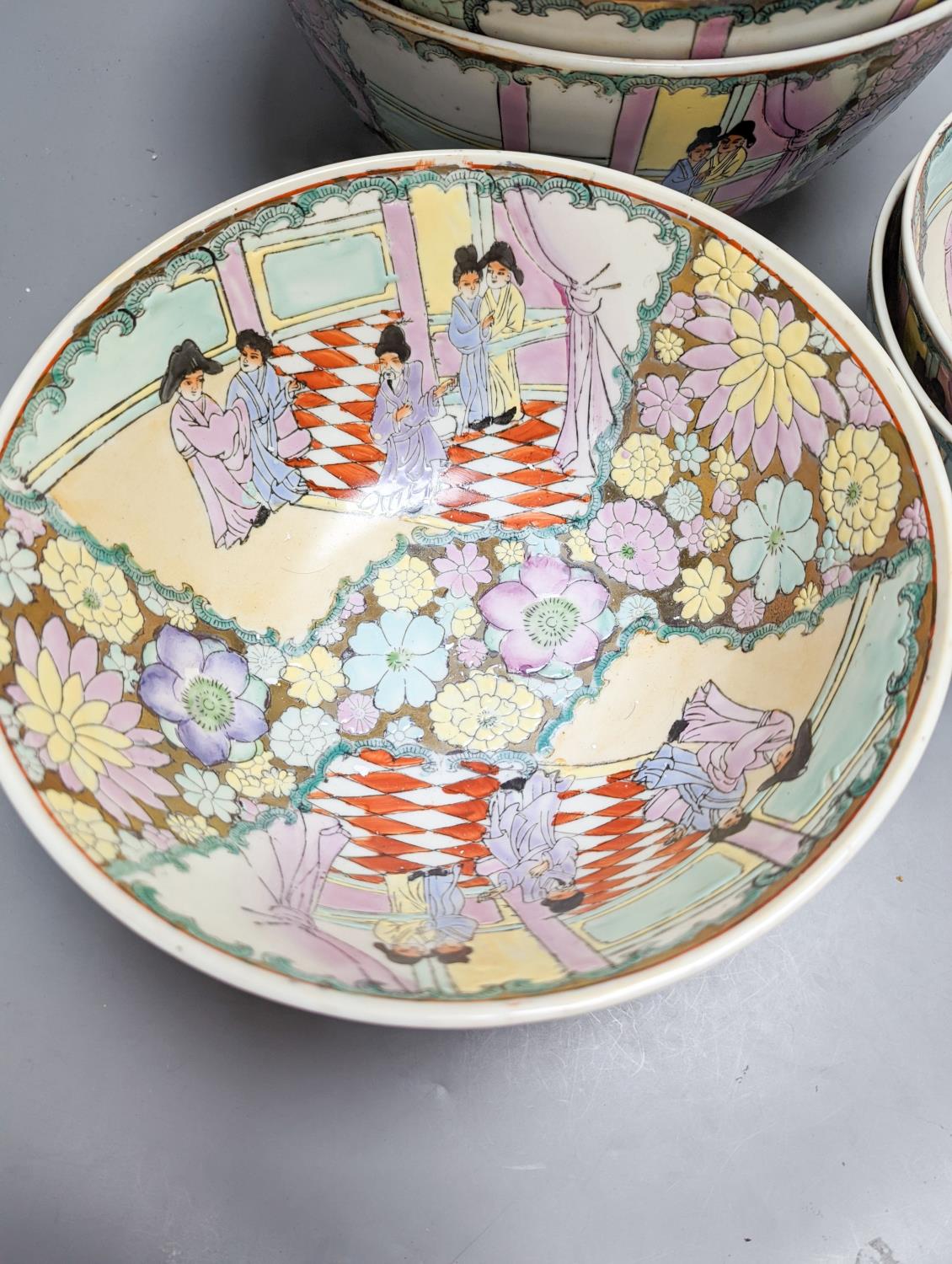 A set of six Chinese famille rose graduated bowls and a scroll picture - Image 2 of 4