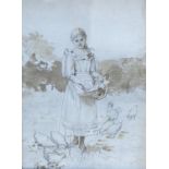 Emile Adam, pencil and wash, Girl feeding chickens, signed, 31 x 23cm