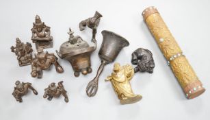 A Chinese gilt copper figure, a Chinese Dog of Fo, a bell, a censer, six Indian bronze figures and a