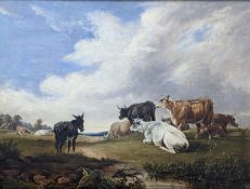 Manner of Thomas Sidney Cooper, oil on canvas, Cattle and donkey in a landscape, 28 x 37cm