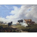 Manner of Thomas Sidney Cooper, oil on canvas, Cattle and donkey in a landscape, 28 x 37cm