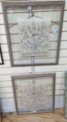 A pair of framed, silver and gold thread floral embroidered Turkish towel ends, 39 x 35cm excl.