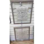 A pair of framed, silver and gold thread floral embroidered Turkish towel ends, 39 x 35cm excl.