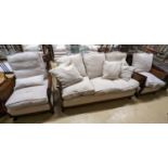 An early 20th century caned Bergere mahogany three piece suite, settee length 164cm, depth 70cm,