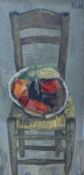 Dulac, oil on canvas, Still life of fruit in a bowl upon a chair, signed, 79 x 39cm