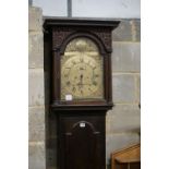 A late 18th century oak eight day longcase clock, with brass Tempus Fugit dial, height 214cm