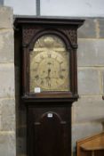 A late 18th century oak eight day longcase clock, with brass Tempus Fugit dial, height 214cm