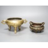 Two Chinese bronze tripod censers, Xuande marks but early 20th century, largest 21cm wide