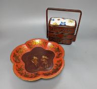 An Oriental lacquer 3 tier picnic box and similar dish, 26cm