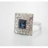 A white metal, sapphire and diamond set square cluster ring, size N, gross weight 4.2 grams.