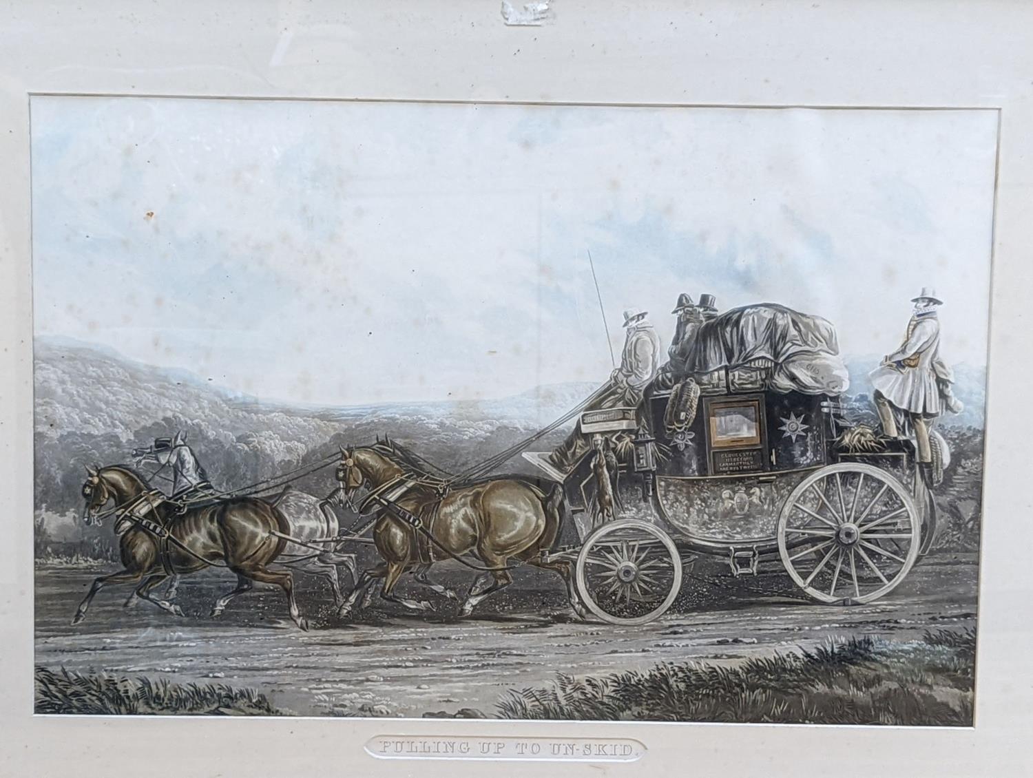 19th century English School, pair of coloured aquatints, Coaching scenes: 'Pulling up to un-skid' - Image 2 of 4