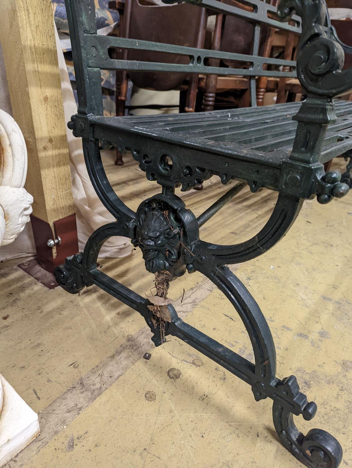 A Victorian style Coalbrookdale design green painted cast iron garden bench, length 123cm, depth - Image 3 of 3