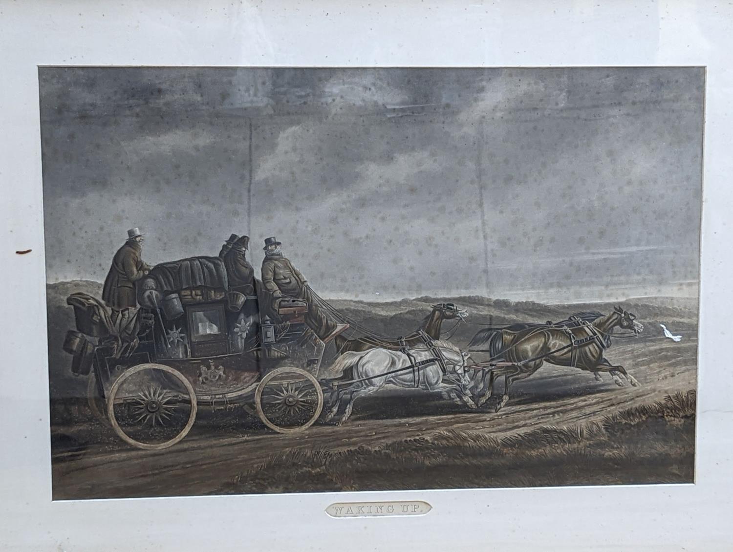 19th century English School, pair of coloured aquatints, Coaching scenes: 'Pulling up to un-skid' - Image 3 of 4