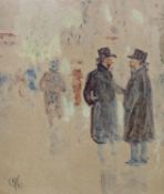 French School, watercolour on paper, Street scene with figures, monogrammed, 20 x 18cm