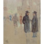 French School, watercolour on paper, Street scene with figures, monogrammed, 20 x 18cm