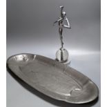 A Kayserzinn oval salmon dish and an Art Deco chromium female statuette 62cm