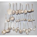 A mixed quantity of 18th, 19th and 20th century silver flatware, including tablespoons, teaspoons,