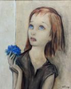 Le Faguays, oil on canvas, Girl holding a posy of flowers, signed, 40 x 32cm