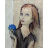 Le Faguays, oil on canvas, Girl holding a posy of flowers, signed, 40 x 32cm