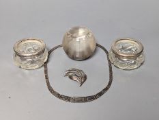 A Danish sterling foliate brooch, 5cm, a 925 'Greek Key' necklace and three silver mounted glass
