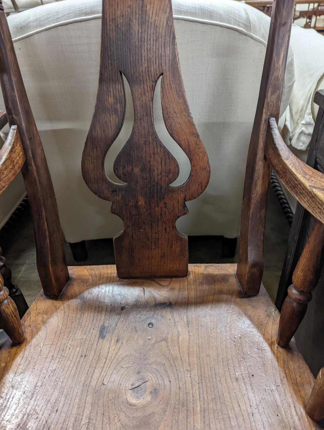 A Victorian elm and beech Windsor armchair with pierced splat stamped J D 33, width 56cm, depth - Image 3 of 4