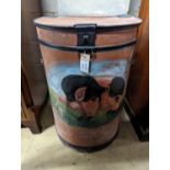 A painted tin bin decorated with a pig, diameter 47cm, height 70cm