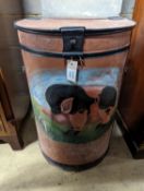 A painted tin bin decorated with a pig, diameter 47cm, height 70cm