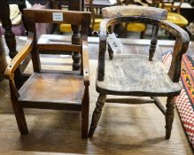 A 19th century fruitwood child's chair, delete width 30cm, height 48cm and a child's primitive tub