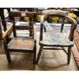 A 19th century fruitwood child's chair, delete width 30cm, height 48cm and a child's primitive tub