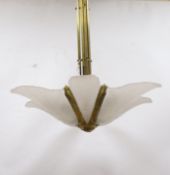 An Art Deco style large frosted glass and brass handing ceiling light 80cm drop