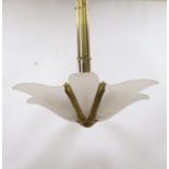 An Art Deco style large frosted glass and brass handing ceiling light 80cm drop