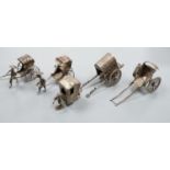 ° Two early 20th century miniature Chinese white metal models of a figure and rickshaw, by Wang
