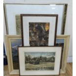 Five assorted pictures including a Richard Beer print and a modern British watercolour signed Mason