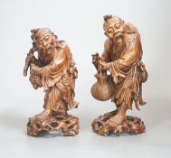 Two Chinese hardwood figures of a fisherman and a old man holding peaches 16cm