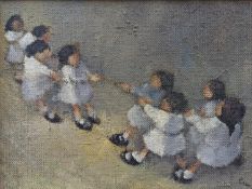 Continental School, oil on canvas, Children at tug-o-war, monogrammed, 23 x 31cm