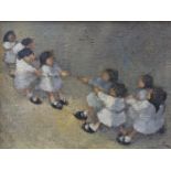 Continental School, oil on canvas, Children at tug-o-war, monogrammed, 23 x 31cm