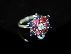 A mid 20th century platinum, ruby, sapphire diamond and amethyst cluster dress ring,set with