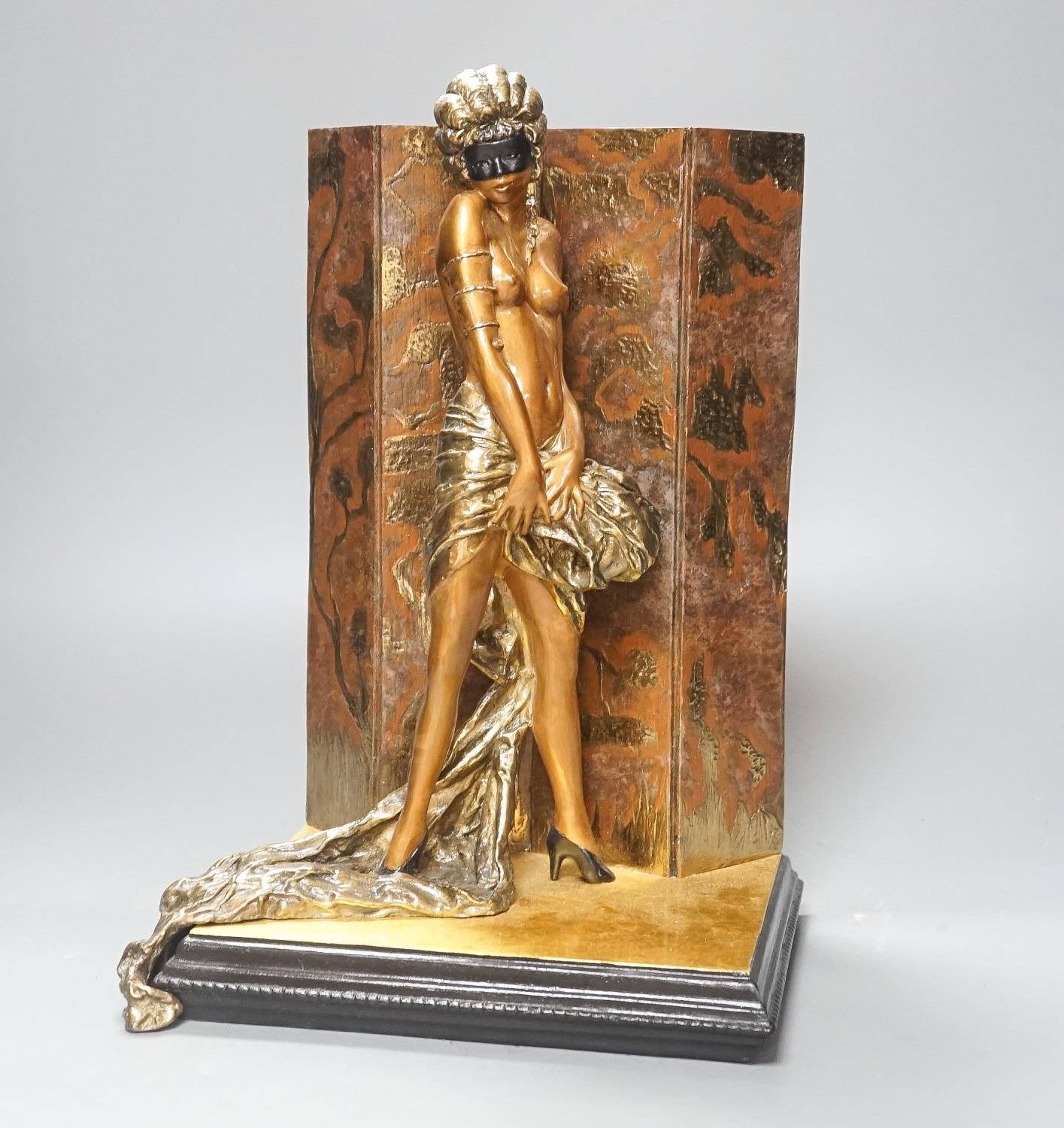 After Louis Icart a bronze sculpture, entitled “Masque Noir”, distributed by Rosenbaum Fine Art,