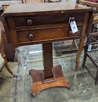 A Victorian mahogany drop flap work table, width 49cm, depth 31cm, height 71cm