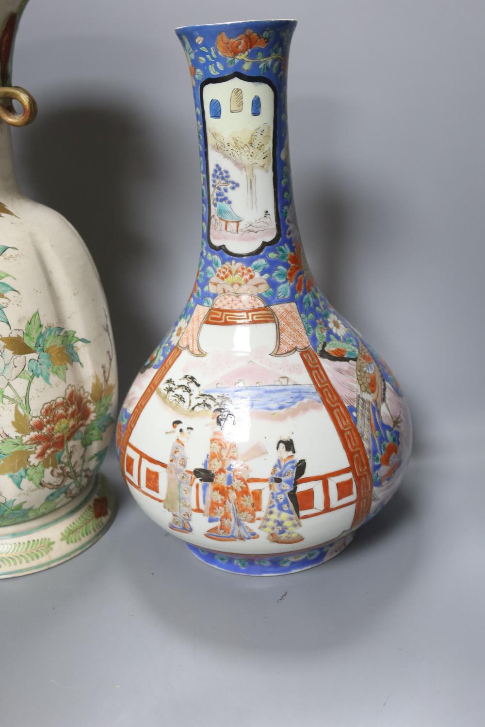 A Japanese porcelain bottle vase and a large Satsuma pottery vase (restoration) 39cm (2) - Image 3 of 4