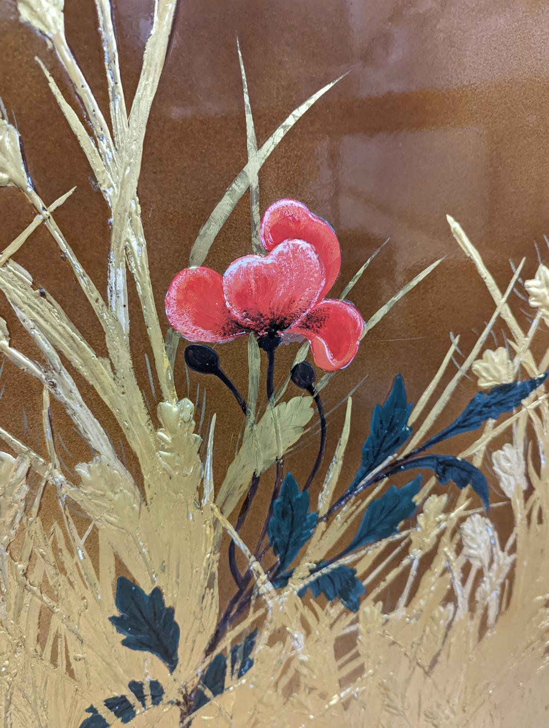 A large lacquer panel of rose amongst gilt painted corn, signed, Midcour dated, ‘79. 110cms high x - Image 2 of 2