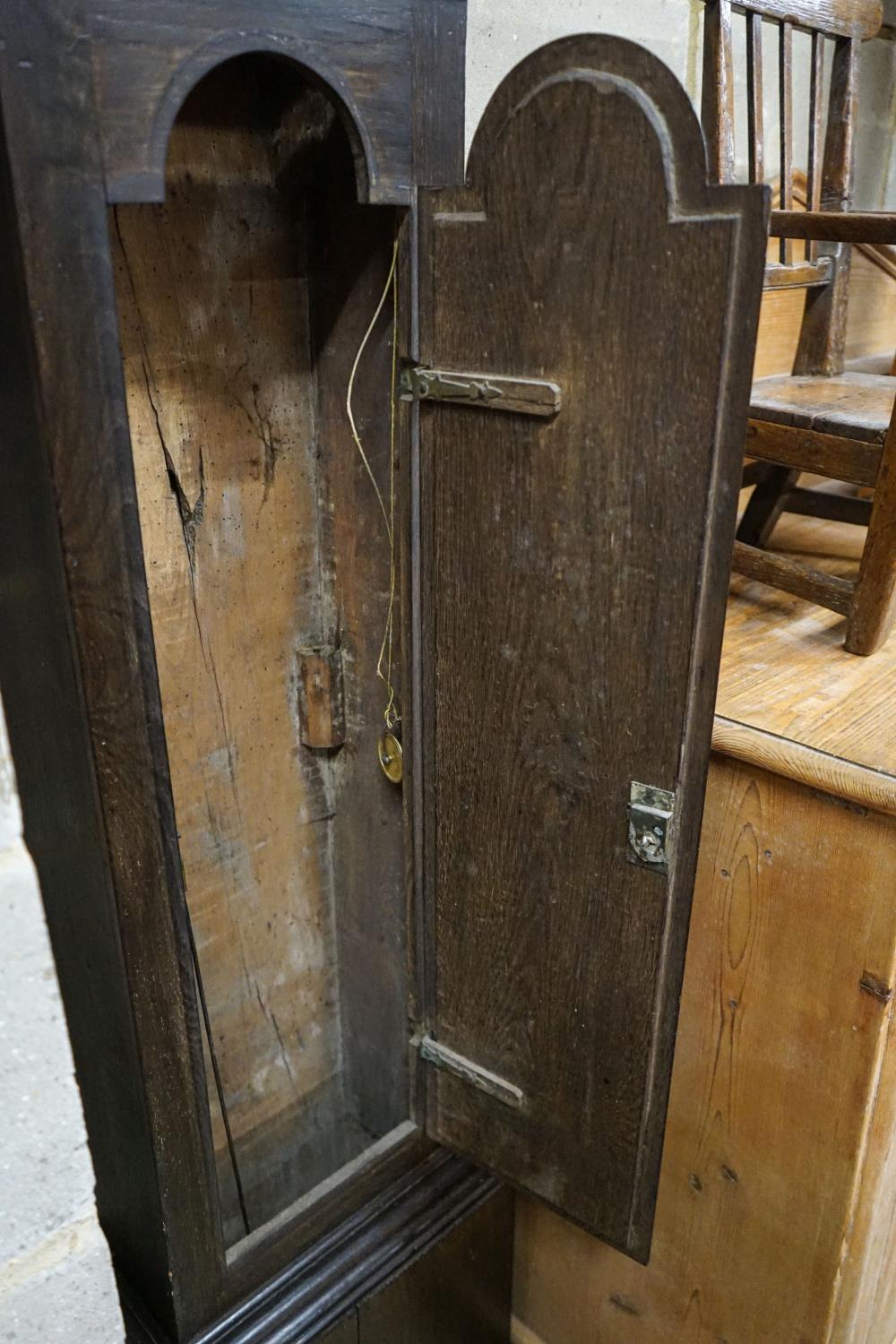 A late 18th century oak eight day longcase clock, with brass Tempus Fugit dial, height 214cm - Image 4 of 4