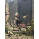 Italian School, oil on canvas, Woman spinning yarn beside chickens, signed, 49 x 37cm