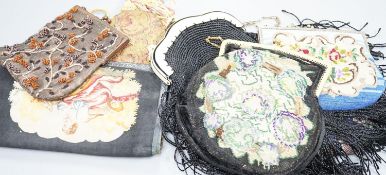 A fine tapestry clutch bag together with a collection of beaded petit point and lurex evening